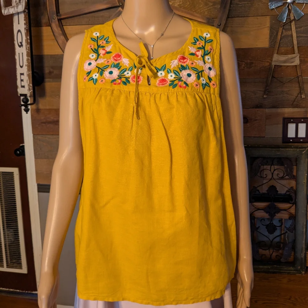 J Crew Mustard Yellow Embroidered Floral Blouse